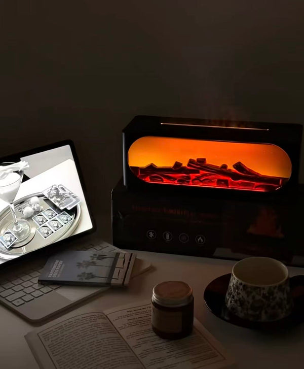 Smart Remote-Controlled Fireplace Humidifier Speaker with Essential Oil Diffuser — Realistic Flame Effect, Multicolor Ambient Light, Auto Shut-Off When Waterless, Desktop Ornament, Multifunctional Music Player with High Sound Quality and Elegant Design.