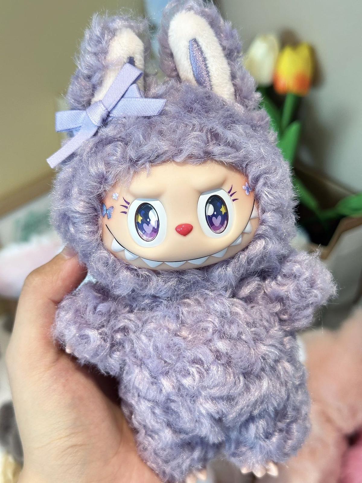Handmade Curly Purple Labubu Inspired Plush Doll – Kawaii Bunny Outfit ...