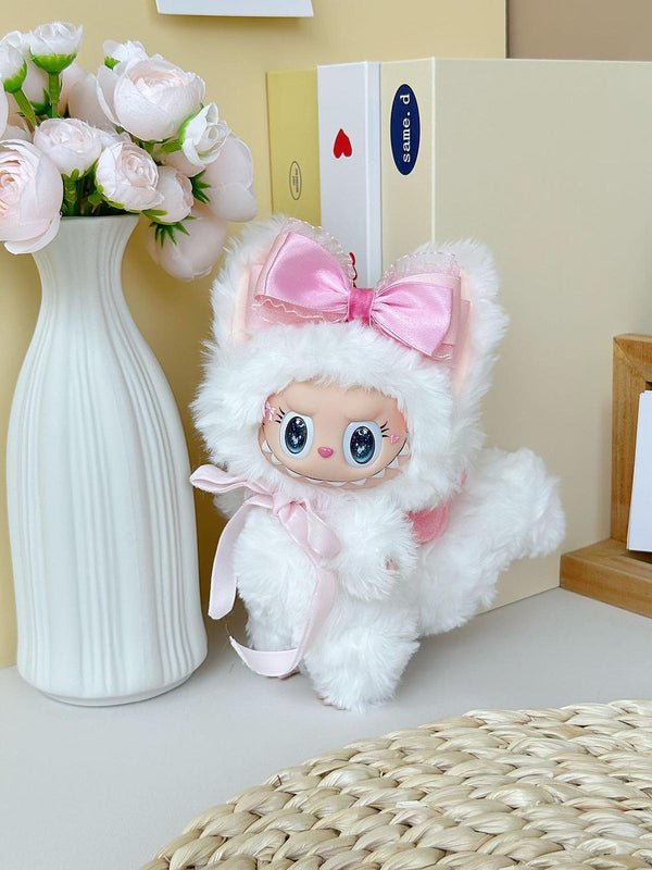 White Labubu with Pink Bow – Handmade Plush Doll
